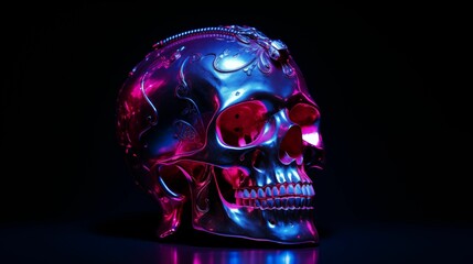 AI generated illustration of a skull with a bright blue and purple color scheme