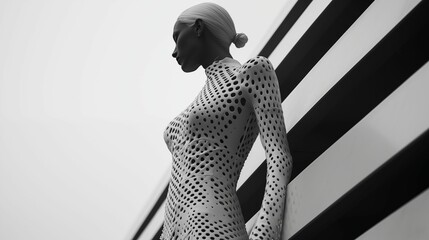 AI generated illustration of a white mannequin wearing a black and white polka dot suit