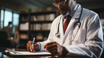 AI generated illustration of a doctor focused as they record notes while sitting at a desk - obrazy, fototapety, plakaty
