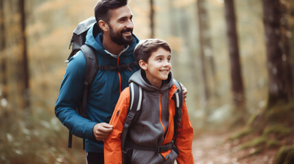 smiling son and father walking with backpacks through the forest, nature reserve, hiking, tall trees, blurred background, man, boy, trail, tourists, travel, hike, family, weekend together, child, kid