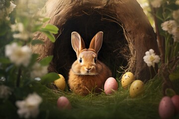 One cute red bunny and colorful easter eggs on grass