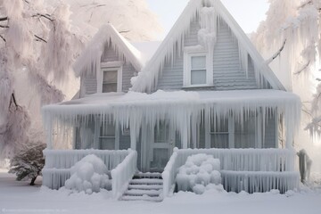 Frozen house in winter covered by icicles at daytime. Wooden house with pitches roof