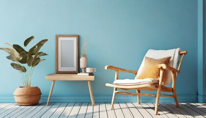 mockup of a scandinavian living area with a wooden chair against an empty light blue background