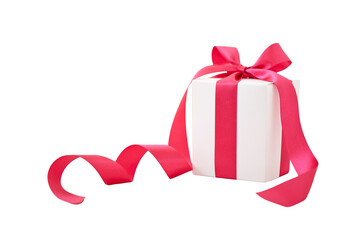 A white gift wrapped Christmas, birthday or valentines presents with red ribbon bows isolated against a transparent background.