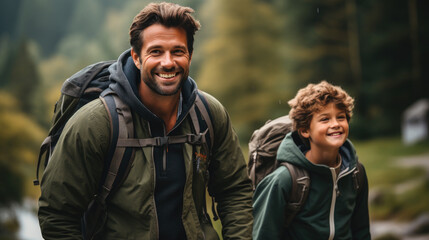 Fototapeta premium smiling son and father walking with backpacks through the forest, nature reserve, hiking, tall trees, blurred background, man, boy, trail, tourists, travel, hike, family, weekend together, child, kid