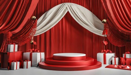 illustration for 3d podium display set red background christmas product cosmetic presentation with red silk cloth curtain valentines studio abstract pedestal winter 3d render mockup luxury
