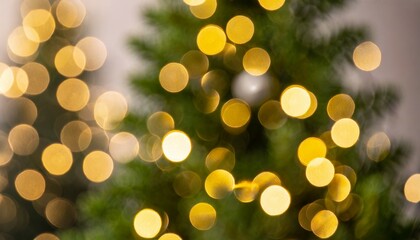 christmas tree bokeh light in green yellow golden color holiday abstract background blur defocused