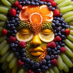 macrophotography of many fruits in shape of a face, fibonacci style,