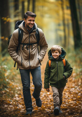 Fototapeta premium smiling son and father walking with backpacks through the forest, nature reserve, hiking, tall trees, blurred background, man, boy, trail, tourists, travel, hike, family, weekend together, child, kid