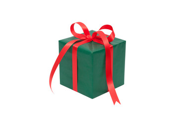 A green gift wrapped Christmas, birthday or valentines presents with red ribbon bows isolated against a transparent background.