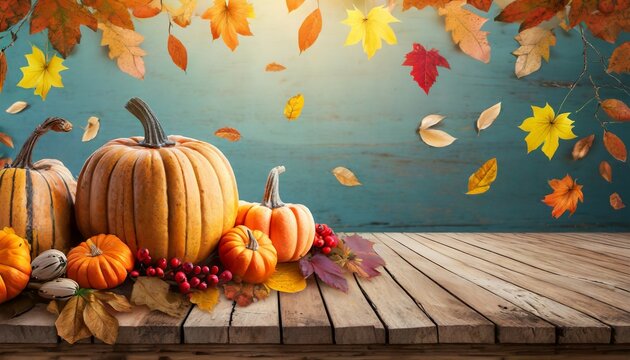 thanksgiving background pumpkins on wooden plank and falling leaves
