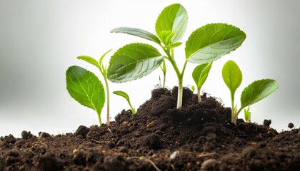 young plant growing from soil sprout on white background