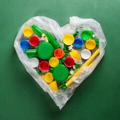 Heart-shaped plastic bag of recycling waste.