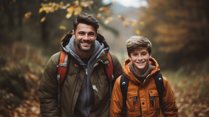 Obraz premium smiling son and father walking with backpacks through the forest, nature reserve, hiking, tall trees, blurred background, man, boy, trail, tourists, travel, hike, family, weekend together, child, kid