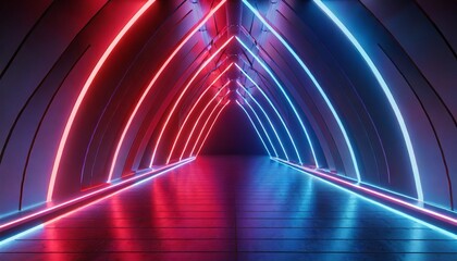 3d render red blue neon light illuminated corridor tunnel empty space ultraviolet light 80 s retro...