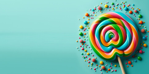 Fototapeta na wymiar Bright colored lollipops on a stick on a blue background.
