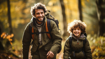 Fototapeta premium smiling son and father walking with backpacks through the forest, nature reserve, hiking, tall trees, blurred background, man, boy, trail, tourists, travel, hike, family, weekend together, child, kid