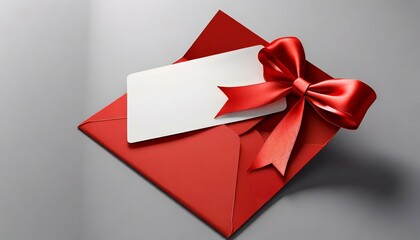 blank white gift card with red ribbon bow or gift voucher in open red envelope on white grey background with shadow minimal concept 3d rendering