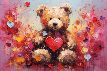 palette knife textured painting teddy bear with flowers and hearts in fluffy paws - obrazy, fototapety, plakaty