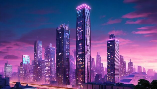 3d cgi rendered illustration retro anime inspired dark city at night skyline with buildings skyscrapers and digital pink neon sky