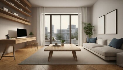 modern living room with table room with a table wood table with blurred modern apartment interior background modern living room with empty wooden tabletop with blurred living room ai generated