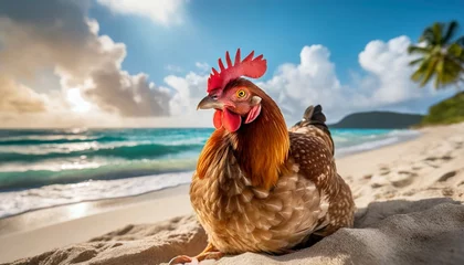 Poster image portrait of a realistic happy cute chicken rresting on a beach on summer vacation beach relax vibe concept generative ai © Irene