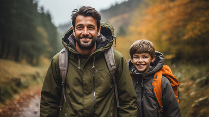 Fototapeta premium smiling son and father walking with backpacks through the forest, nature reserve, hiking, tall trees, blurred background, man, boy, trail, tourists, travel, hike, family, weekend together, child, kid