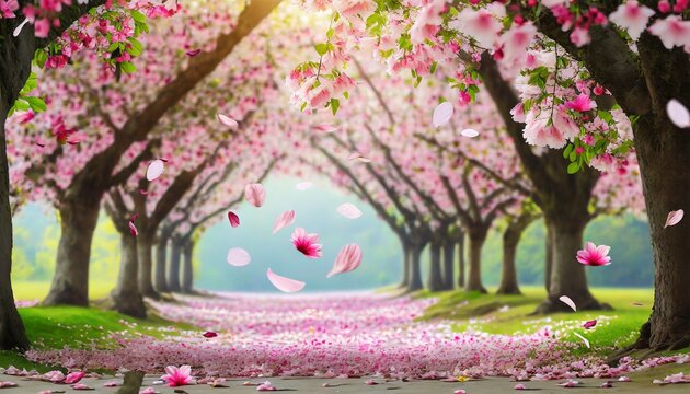 falling petal over the romantic tunnel of pink flower trees romantic blossom tree over nature background in spring season flowers background