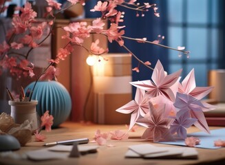 Beautiful origami flower display on a table - obrazy, fototapety, plakaty