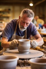 Fototapeta na wymiar Master potter showing off pottery skills
