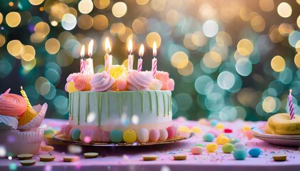 realistic photography of a birthday party with bokeh as the background on the left side there is a birthday cake with candles pastel colors