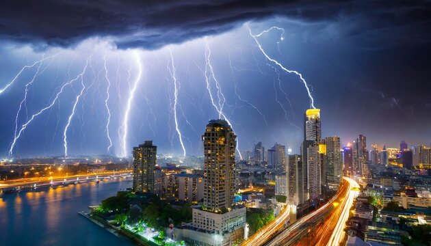 city lightning storm created with generative ai technology