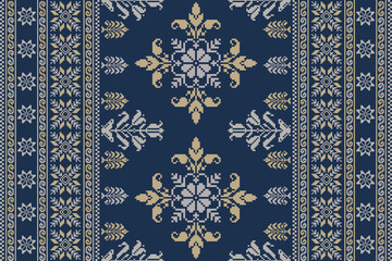 Abstract ethnic pixel border pattern flower. Aztec fabric boho mandalas India sari border design textile wallpaper. Tribal native motif African American saree borders Saree embroidery vector 