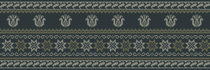 Abstract ethnic pixel border pattern flower. Aztec fabric boho mandalas India sari border design textile wallpaper. Tribal native motif African American saree borders Saree embroidery vector  - obrazy, fototapety, plakaty