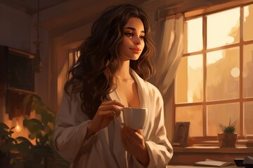 Cozy morning vibe with a woman holding a hot coffee mug