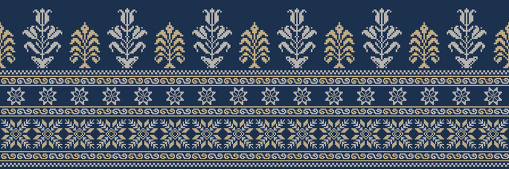 Abstract ethnic pixel border pattern flower. Aztec fabric boho mandalas India sari border design textile wallpaper. Tribal native motif African American saree borders Saree embroidery vector 