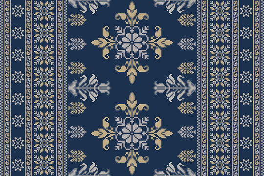 Abstract ethnic pixel border pattern flower. Aztec fabric boho mandalas India sari border design textile wallpaper. Tribal native motif African American saree borders Saree embroidery vector 