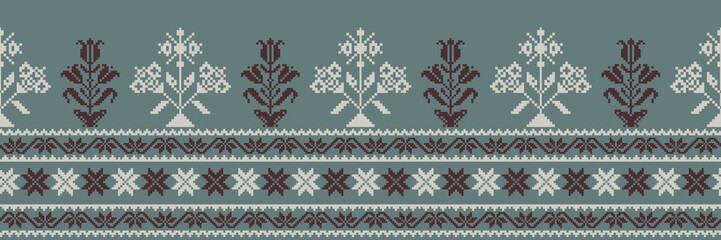 Abstract ethnic pixel border pattern flower. Aztec fabric boho mandalas India sari border design textile wallpaper. Tribal native motif African American saree borders Saree embroidery vector 