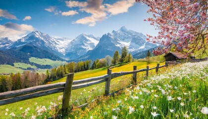 idyllic mountain landscape in the alps with blooming meadows in springtime