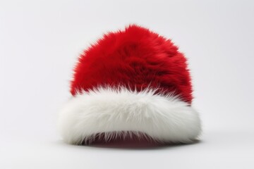 Iconic red Santa hat with white fur details, isolated on a white surface