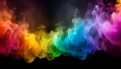 colorful rainbow colored smoke banner on dark black wide panorama background beautiful party...