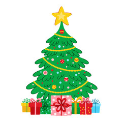 Christmas tree with gifts. Isolated vector illustration on a white background. Spruce decorated with Xmas decorations. Perfect for New Year design. Holiday fir tree with presents in cartoon flat style