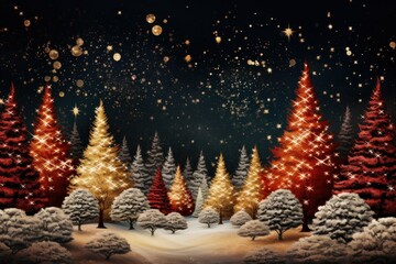 Red and golden Christmas trees in a snowy forest with starry night backdrop
