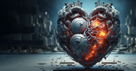 Mechanical heart made of metal with fire inside