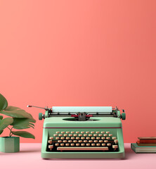 Light green typewriter on a pink background. Creativity concept. Copy space for text