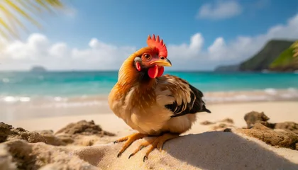Fotobehang image portrait of a realistic happy cute chicken rresting on a beach on summer vacation beach relax vibe concept generative ai © Irene