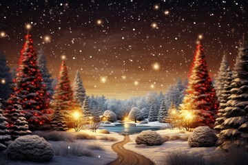 Starlit snowy landscape with Christmas trees adorned in red and gold