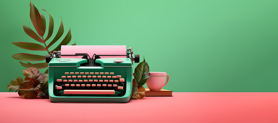 Pink and green typewriter on a pink and green background. Concept of creativity. Place for text, banner - obrazy, fototapety, plakaty
