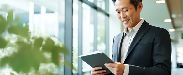 Mature korean business man financial manager using digital tablet working in office. professional businessman executive holding tab technology device standing at work. generative AI - Powered by Adobe