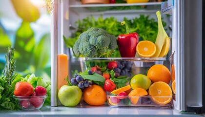open fridge full of fresh fruits and vegetables vegetarian food healthy food background greenery organic nutrition health care dieting concept
